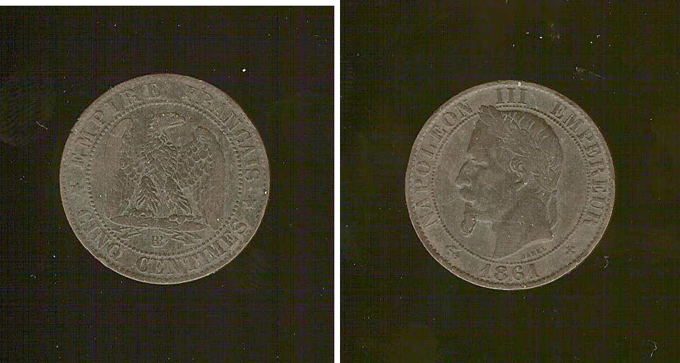 Cinq centimes Napoléon III, tête laurée 1861 Strasbourg TB+ à TT